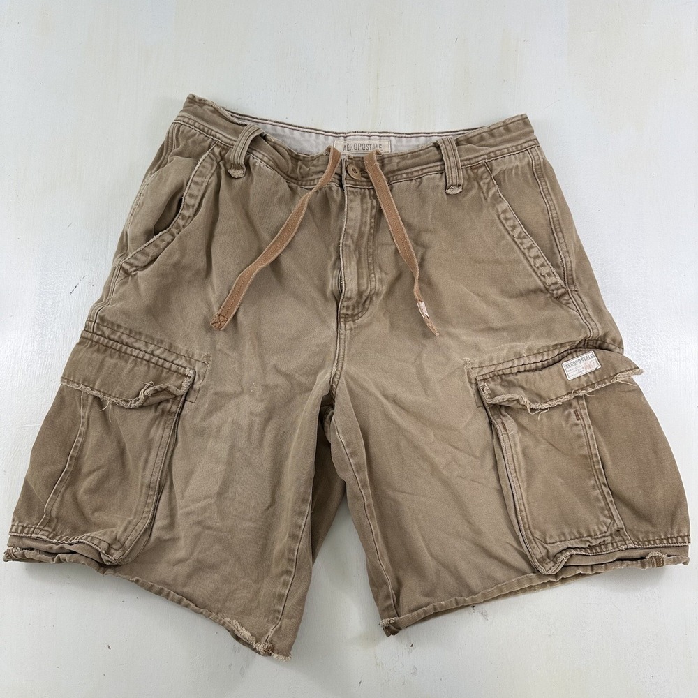 VTG Y2K Distressed Aeropostale Cargo Shorts Men 33 Beige Khaki Cutoffs Tag 34 - Picture 1 of 15